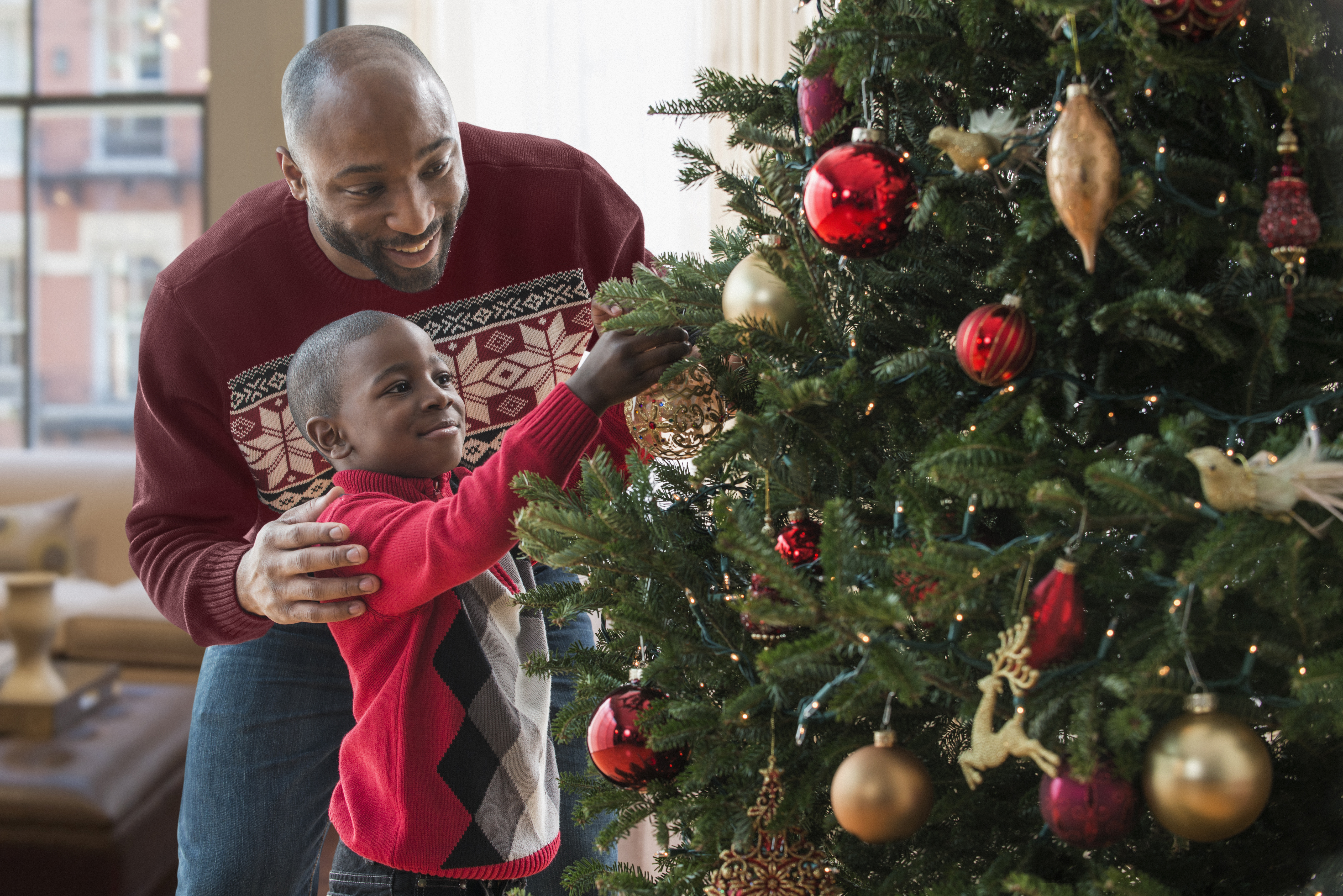 Father and son decorating Christmas tree