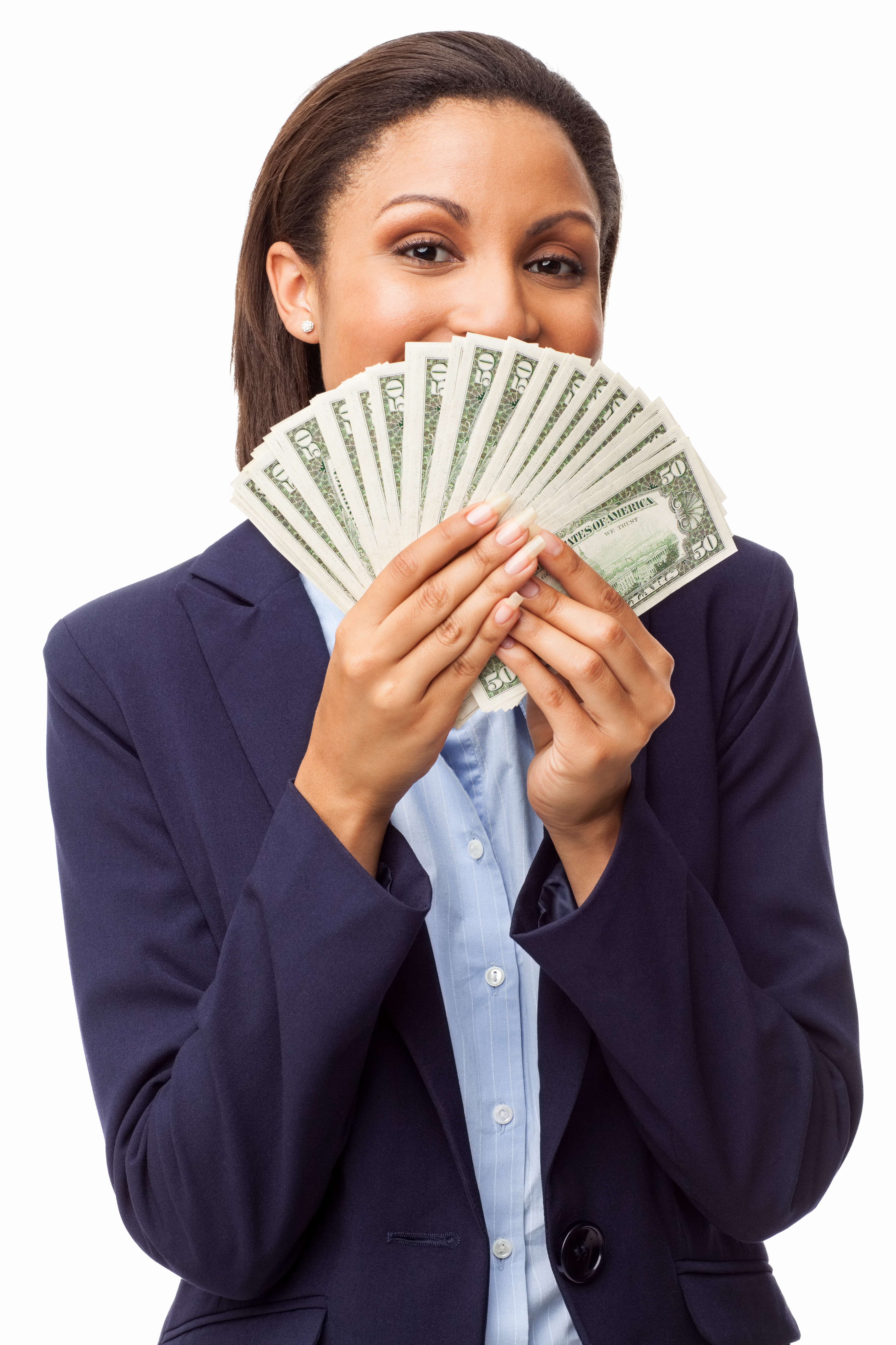 Female Executive Holding Fanned Out Banknotes - Isolated