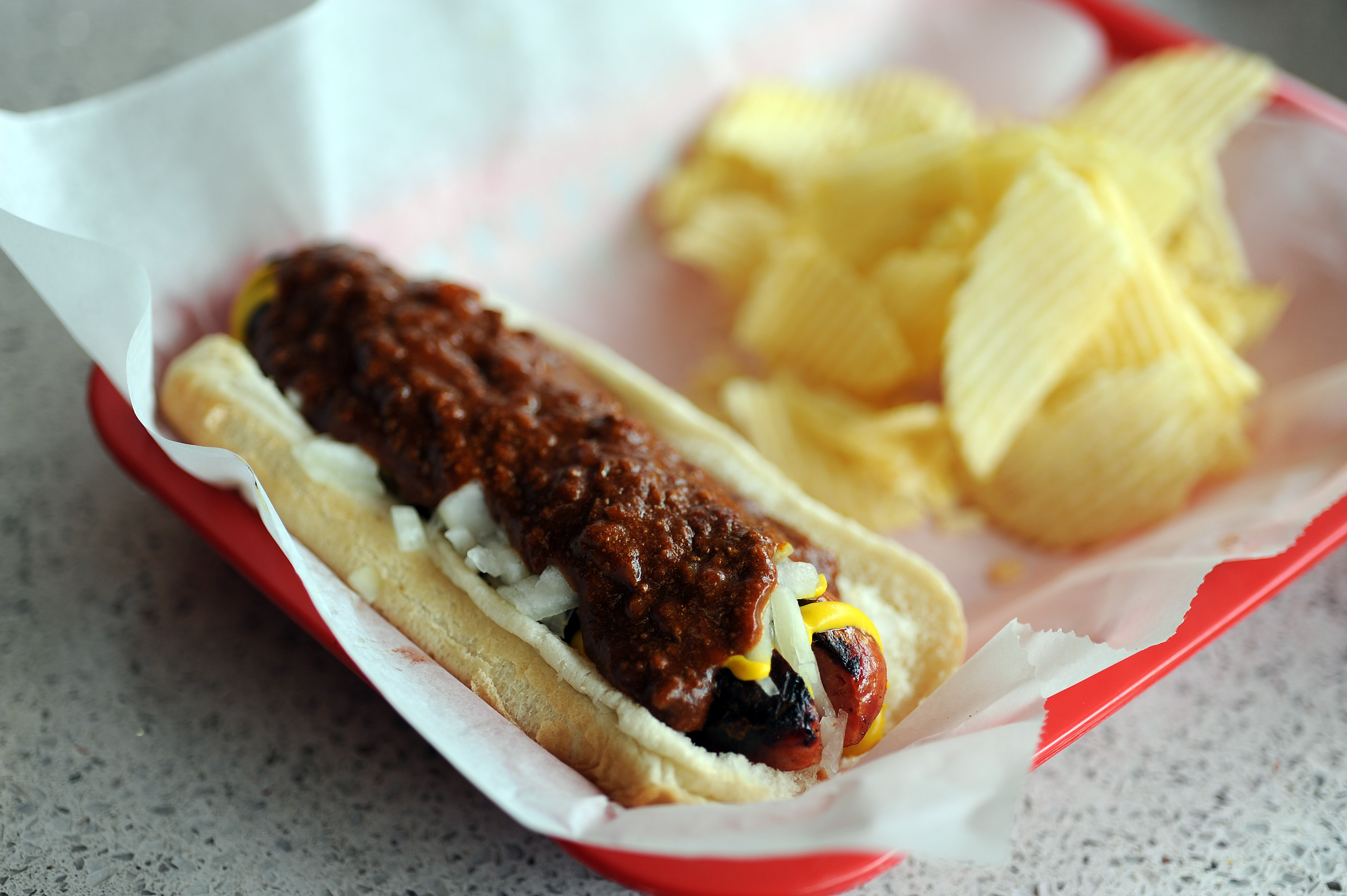 ARLINGTON, VA, APRIL 28, 2014: The iconic half smoke, accompani