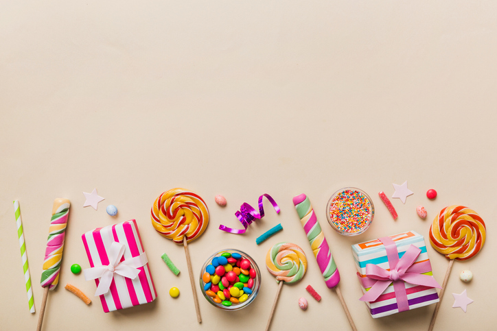 Collection of birthday party objects with gift box. Valentines day gift box. Top view flat lay with copy space