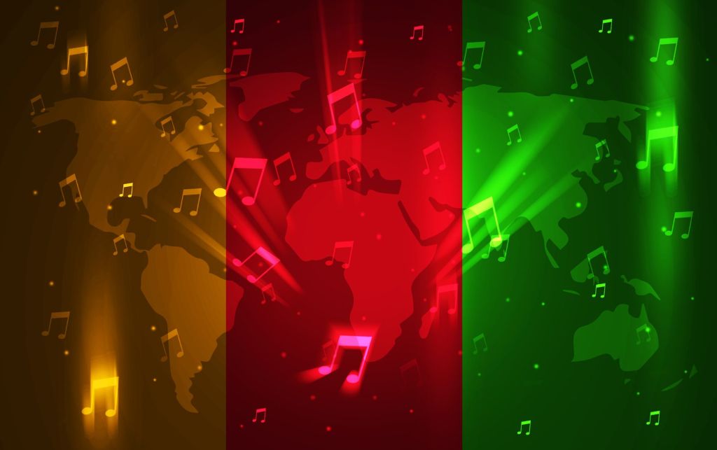 Celebrating Black Music Month wallpaper design with glowing music signs and colorful typography