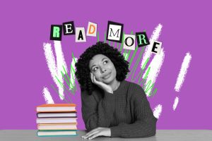 Art collage of person think slogan read more on purple color background