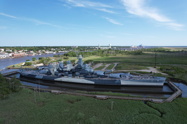 Aerial views from over the battleship North Carolina in downtown Wilmington, NC.